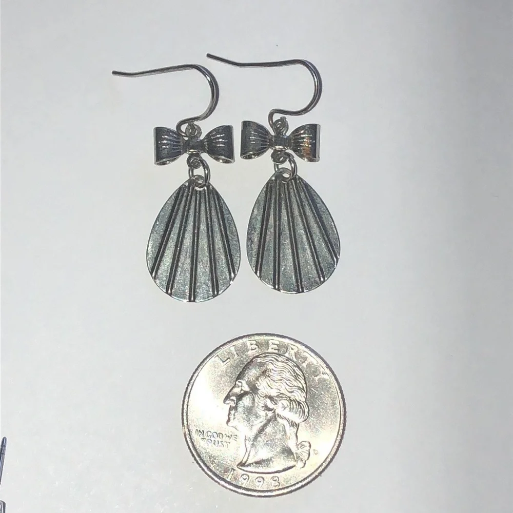 Silver Tone Bow and Teardrop Boho Dangle Earrings